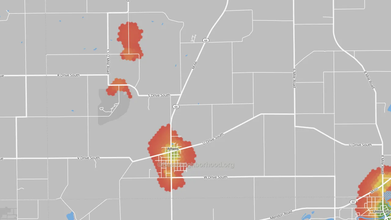 Walk Grade map of Athens, MI, walkable areas in green and car-dependent areas in red
