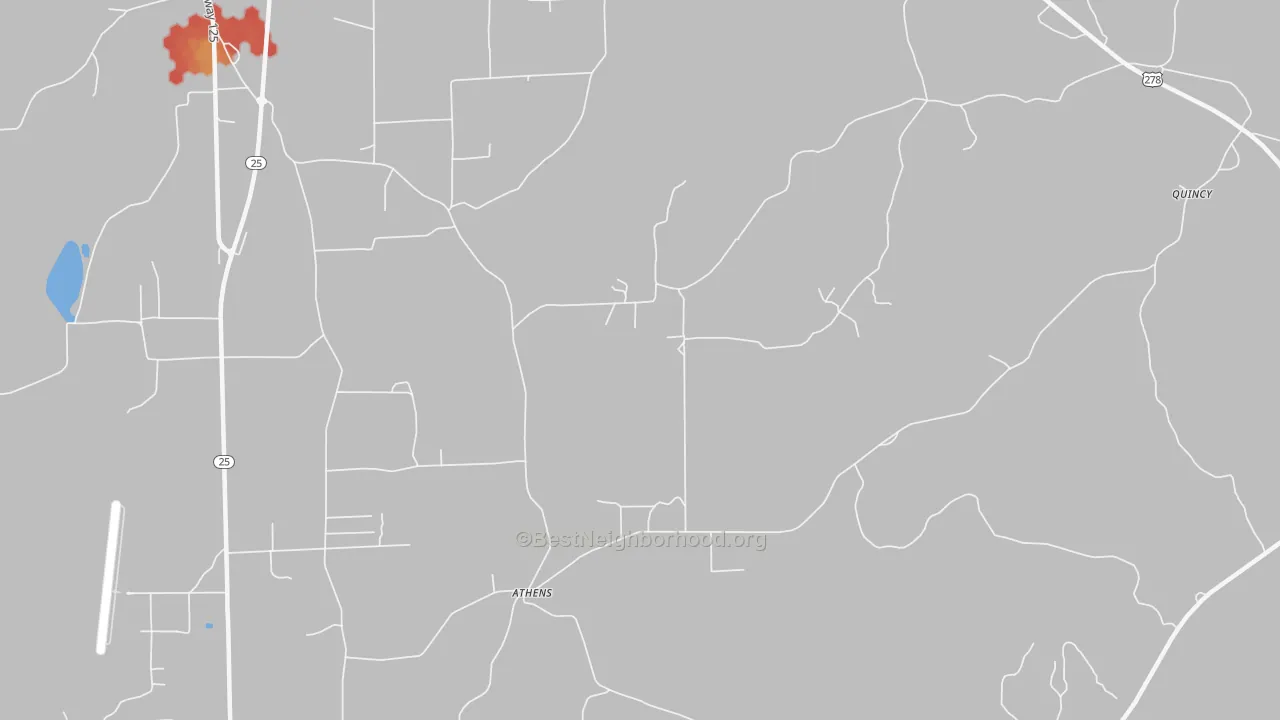 Walk Grade map of Athens, MS, walkable areas in green and car-dependent areas in red