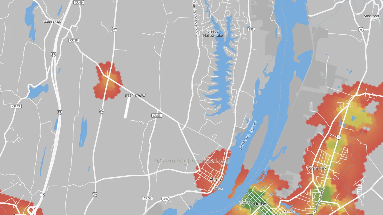 Walk Grade map of Athens, NY, walkable areas in green and car-dependent areas in red