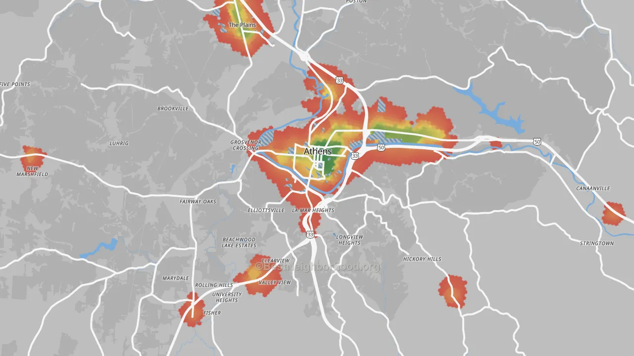 Walk Grade map of Athens, OH, walkable areas in green and car-dependent areas in red