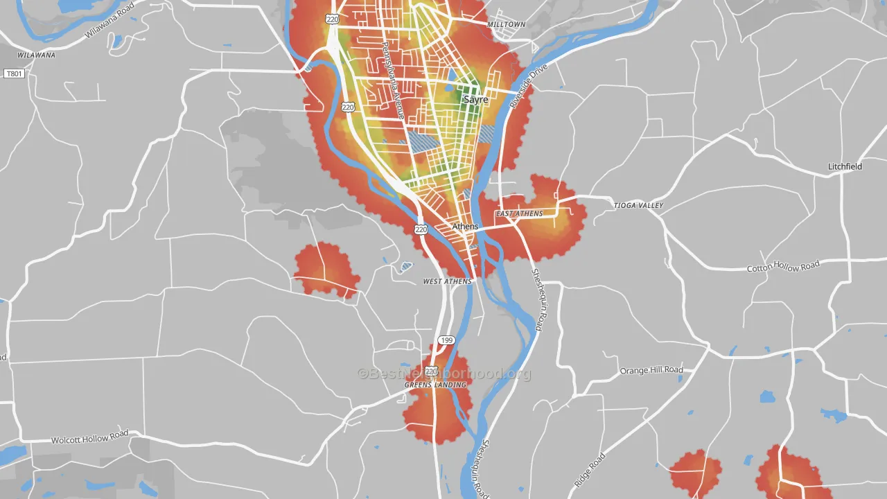 Walk Grade map of Athens, PA, walkable areas in green and car-dependent areas in red