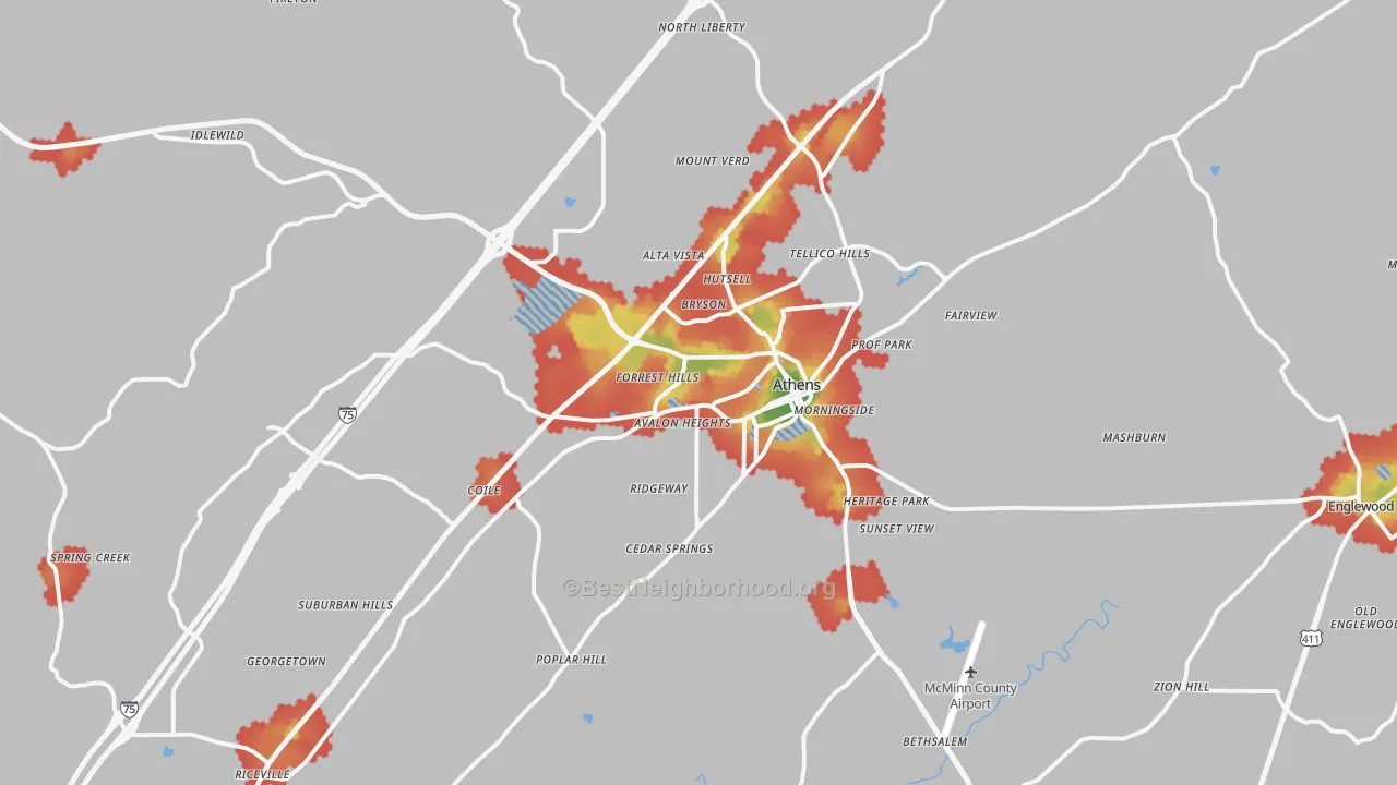 Walk Grade map of Athens, TN, walkable areas in green and car-dependent areas in red