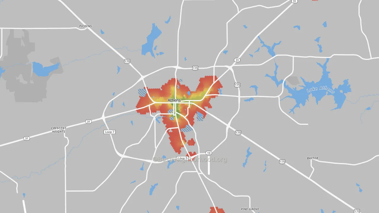 Walk Grade map of Athens, TX, walkable areas in green and car-dependent areas in red