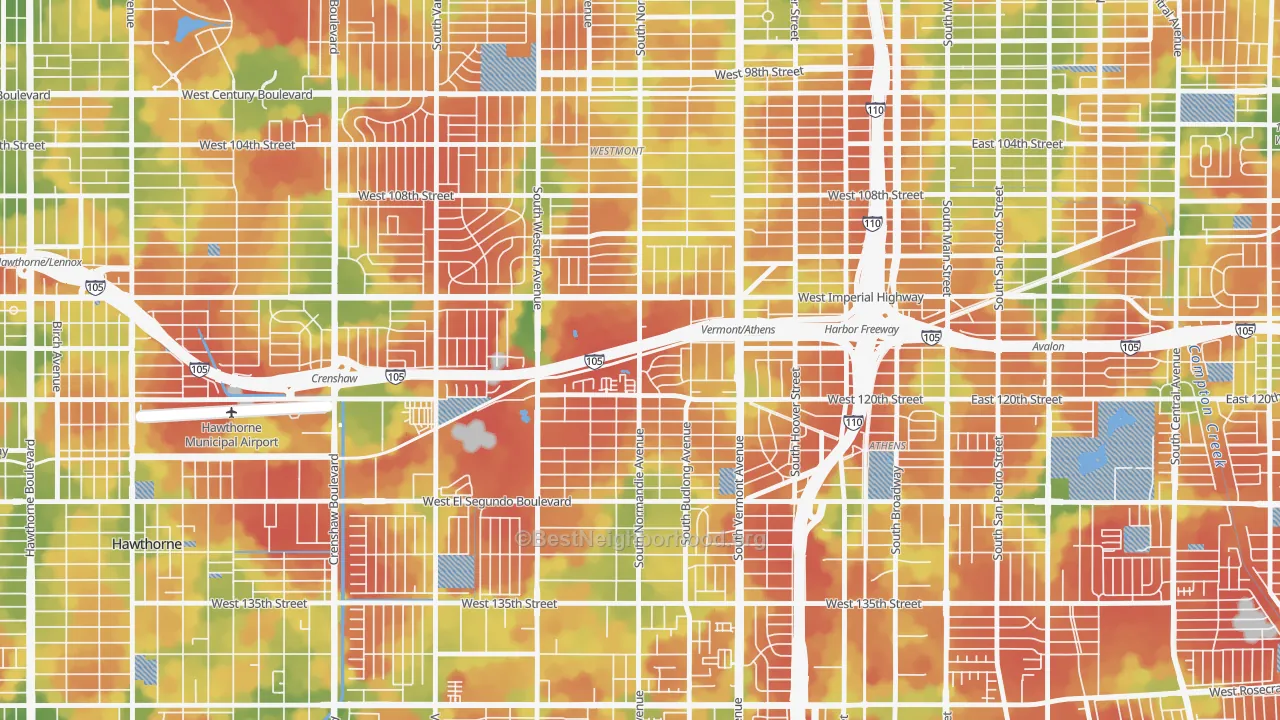 Walk Grade map of Athens, West Athens, CA, walkable areas in green and car-dependent areas in red