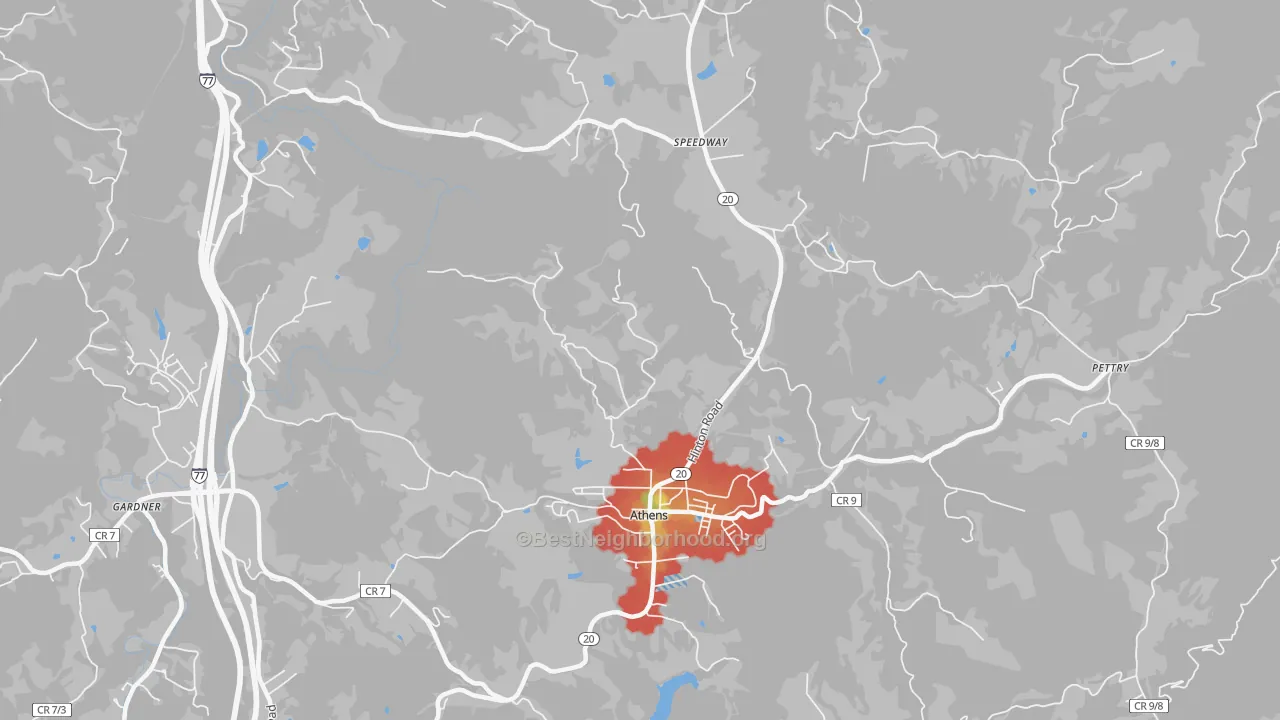 Walk Grade map of Athens, WV, walkable areas in green and car-dependent areas in red