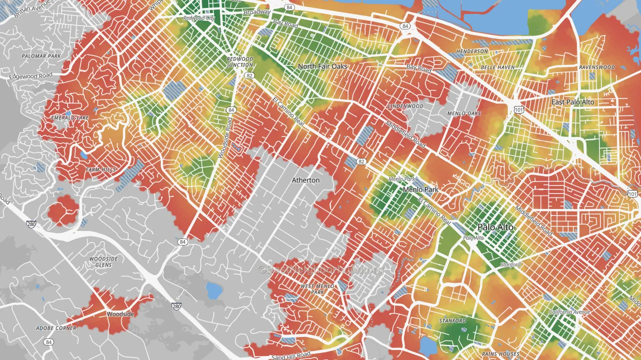 Walk Grade map of Atherton, CA, walkable areas in green and car-dependent areas in red