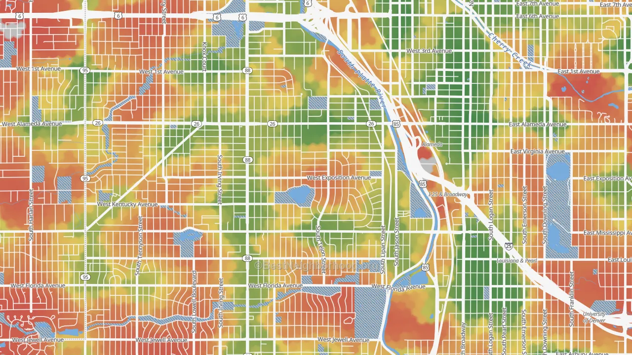 Walk Grade map of Athmar Park, Denver, CO, walkable areas in green and car-dependent areas in red