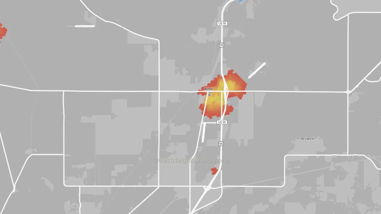 Walk Grade map of Athol, ID, walkable areas in green and car-dependent areas in red