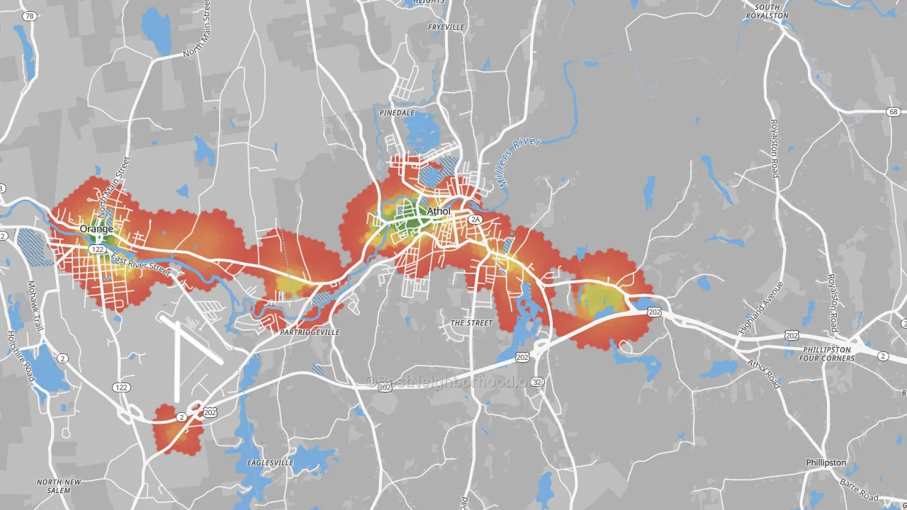 Walk Grade map of Athol, MA, walkable areas in green and car-dependent areas in red