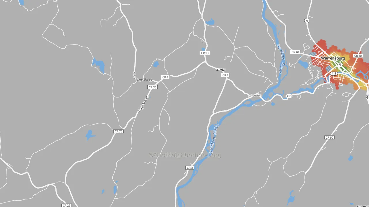 Walk Grade map of Athol, NY, walkable areas in green and car-dependent areas in red