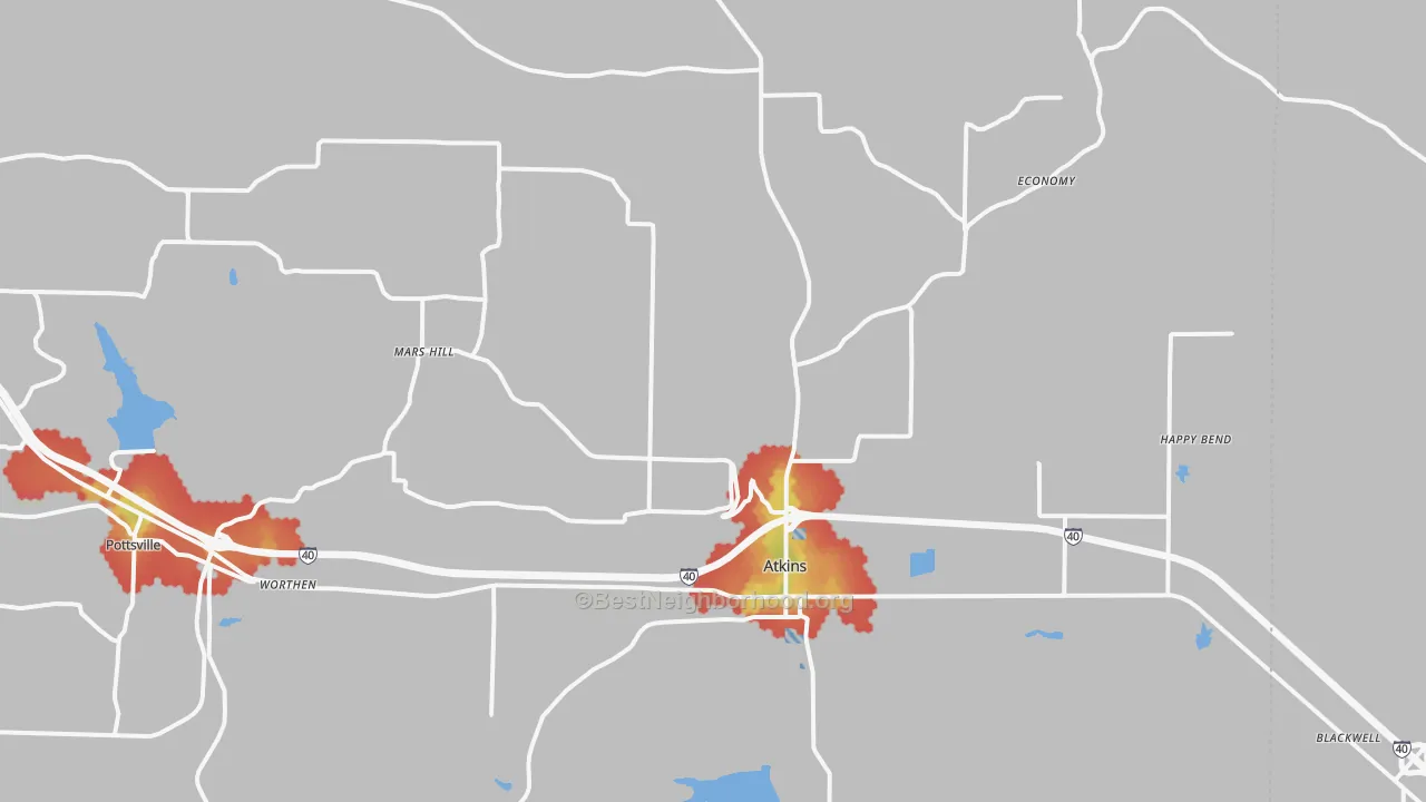 Walk Grade map of Atkins, AR, walkable areas in green and car-dependent areas in red