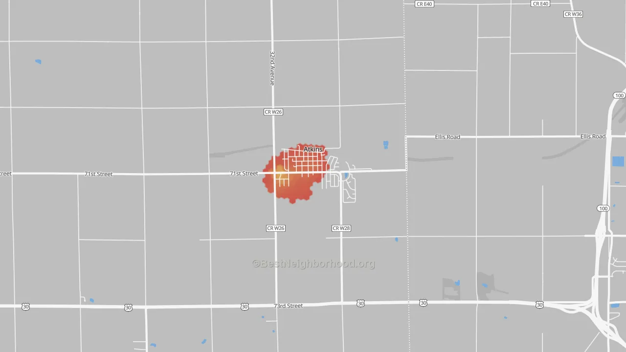 Walk Grade map of Atkins, IA, walkable areas in green and car-dependent areas in red