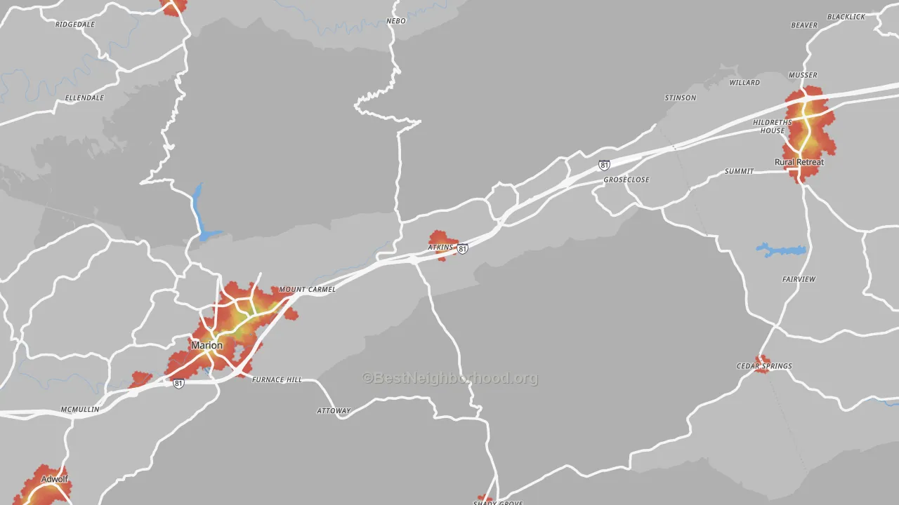 Walk Grade map of Atkins, VA, walkable areas in green and car-dependent areas in red
