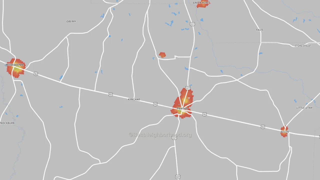 Walk Grade map of Atkinson County, GA, walkable areas in green and car-dependent areas in red