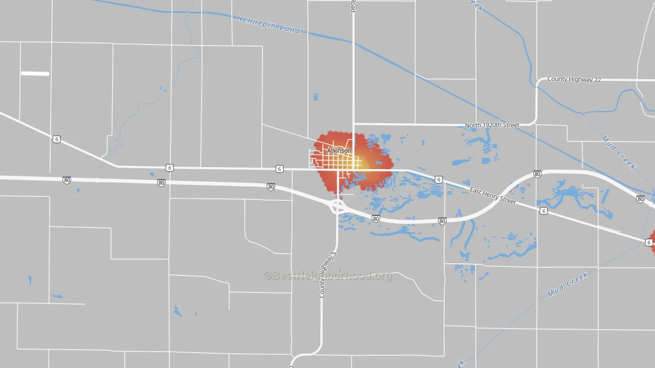 Walk Grade map of Atkinson, IL, walkable areas in green and car-dependent areas in red