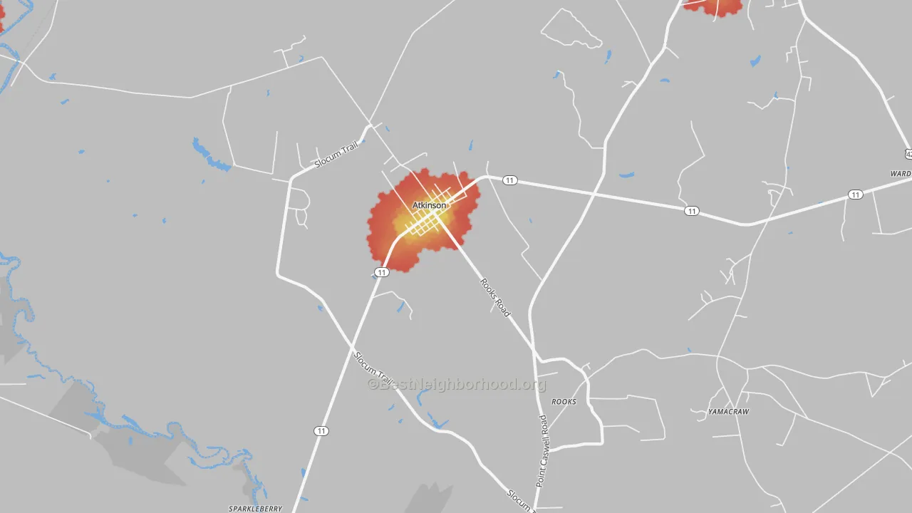 Walk Grade map of Atkinson, NC, walkable areas in green and car-dependent areas in red