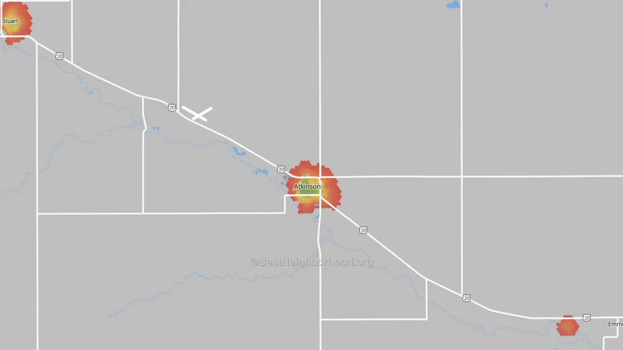 Walk Grade map of Atkinson, NE, walkable areas in green and car-dependent areas in red