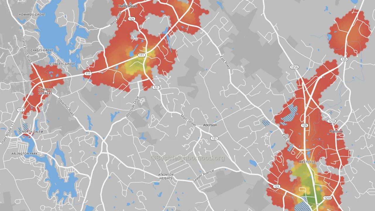 Walk Grade map of Atkinson, NH, walkable areas in green and car-dependent areas in red