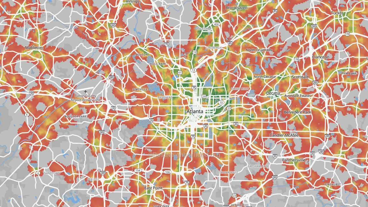 Walk Grade map of Atlanta, GA, walkable areas in green and car-dependent areas in red