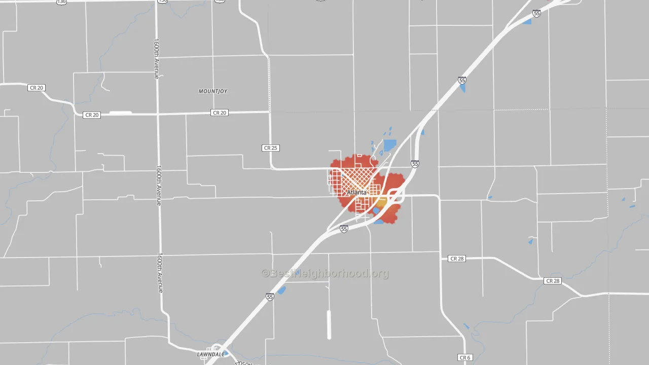 Walk Grade map of Atlanta, IL, walkable areas in green and car-dependent areas in red