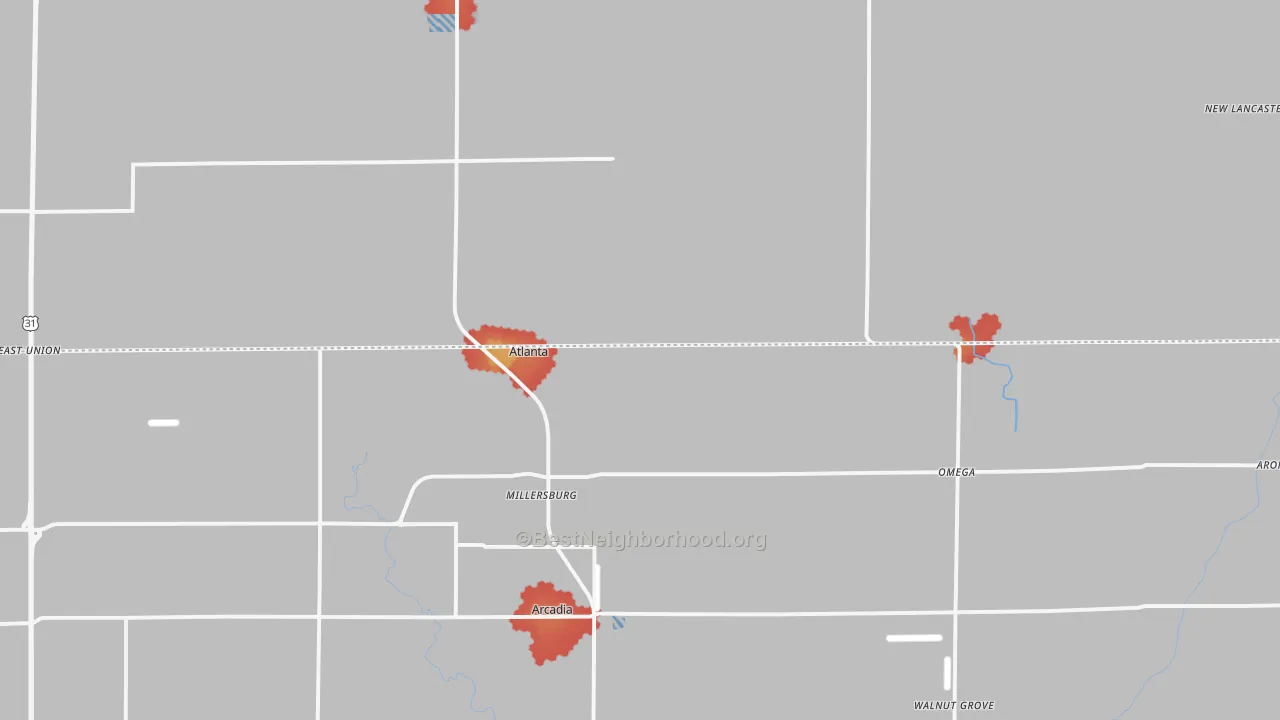 Walk Grade map of Atlanta, IN, walkable areas in green and car-dependent areas in red
