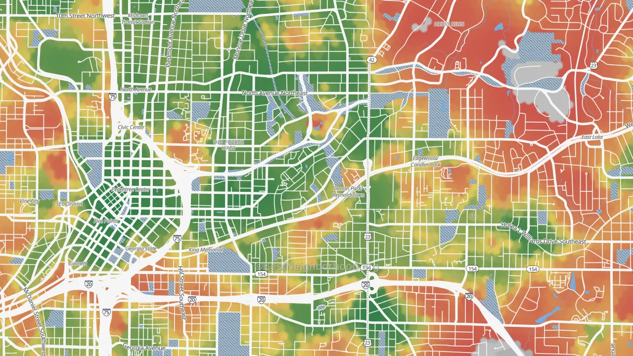 Walk Grade map of Atlanta-Inman Park, Atlanta, GA, walkable areas in green and car-dependent areas in red