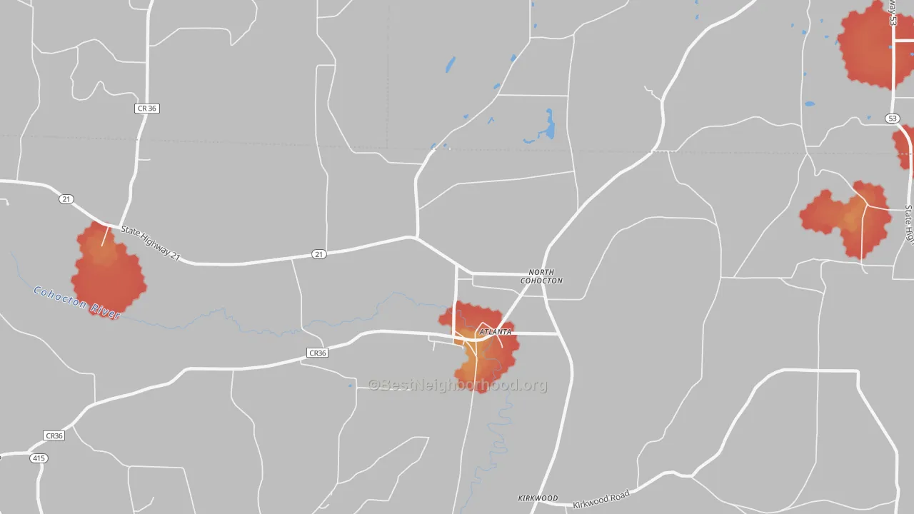Walk Grade map of Atlanta, NY, walkable areas in green and car-dependent areas in red