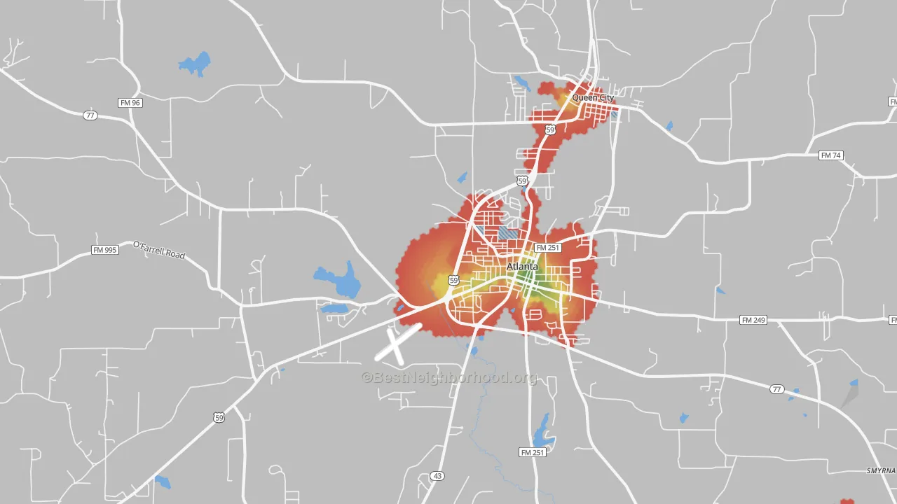 Walk Grade map of Atlanta, TX, walkable areas in green and car-dependent areas in red