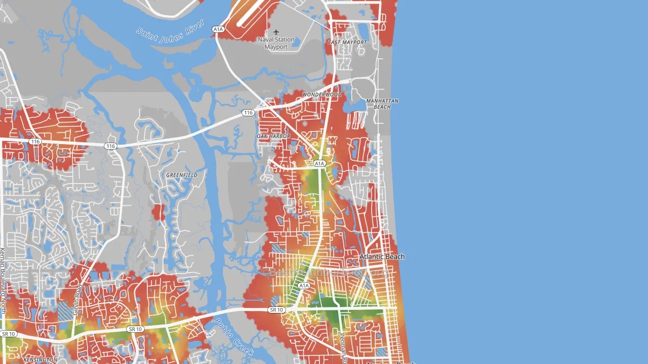 Walk Grade map of Atlantic Beach, FL, walkable areas in green and car-dependent areas in red
