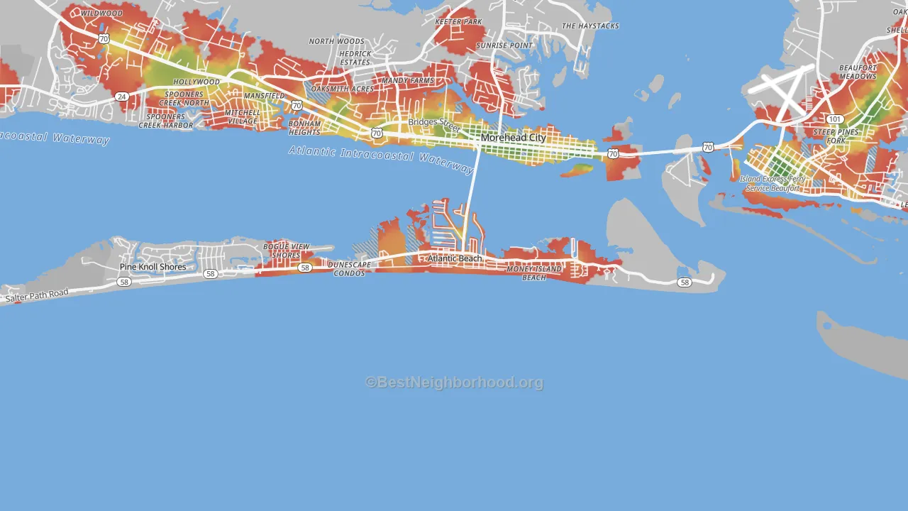 Walk Grade map of Atlantic Beach, NC, walkable areas in green and car-dependent areas in red