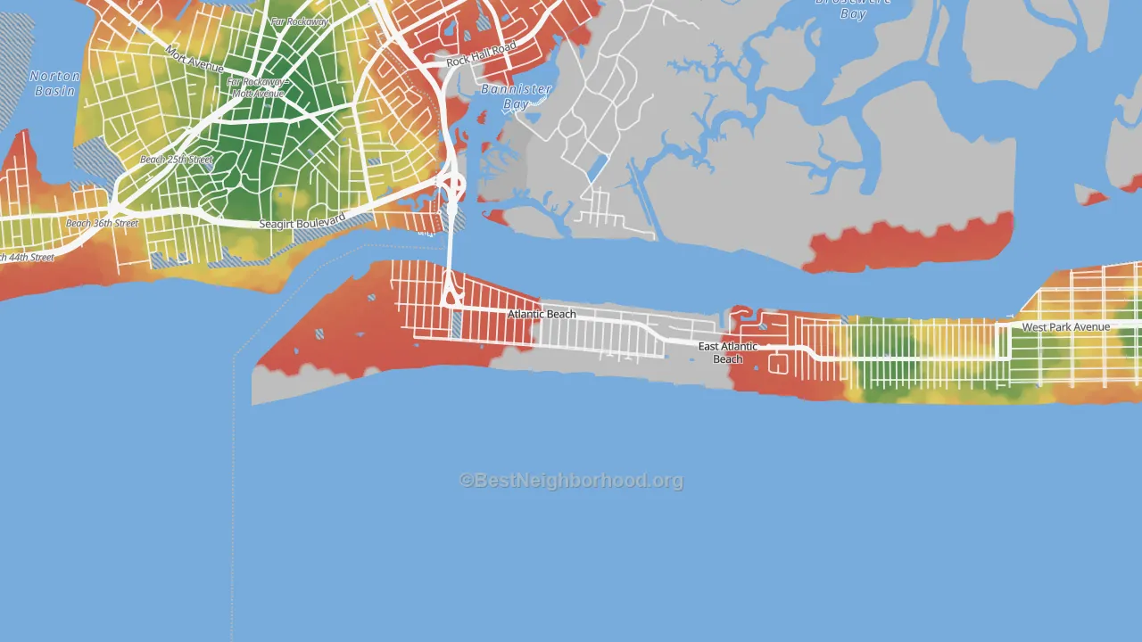 Walk Grade map of Atlantic Beach, NY, walkable areas in green and car-dependent areas in red