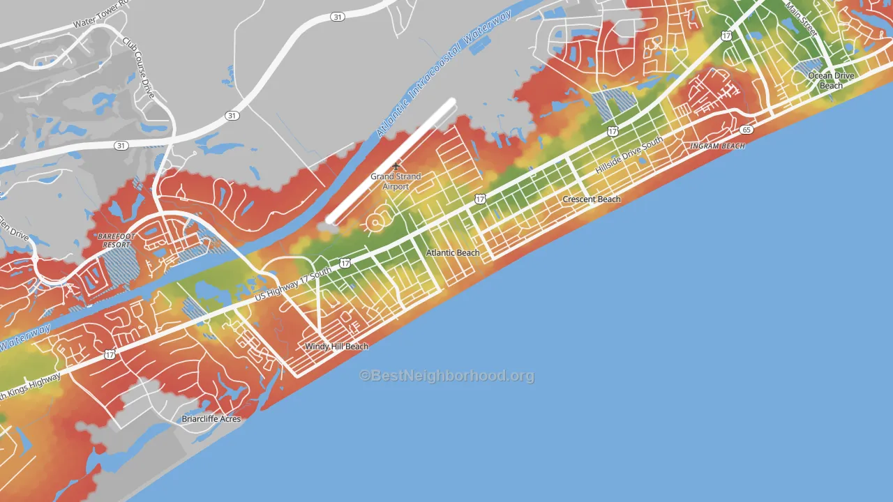 Walk Grade map of Atlantic Beach, SC, walkable areas in green and car-dependent areas in red