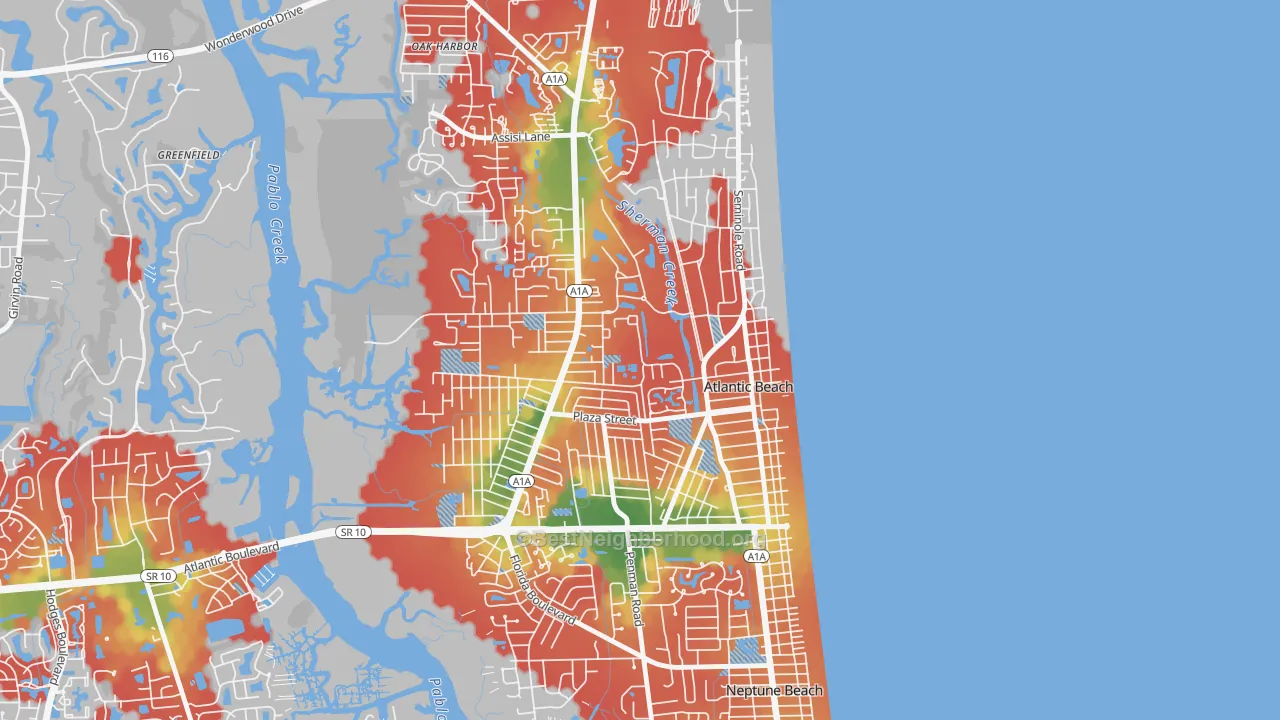 Walk Grade map of Atlantic Beaches, Atlantic Beach, FL, walkable areas in green and car-dependent areas in red