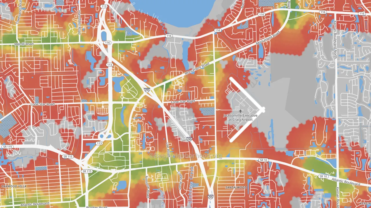 Walk Grade map of Atlantic Boulevard Estates, Jacksonville, FL, walkable areas in green and car-dependent areas in red