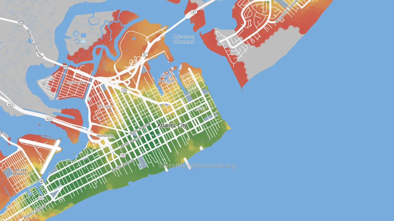 Walk Grade map of Atlantic City Inlet, Atlantic City, NJ, walkable areas in green and car-dependent areas in red