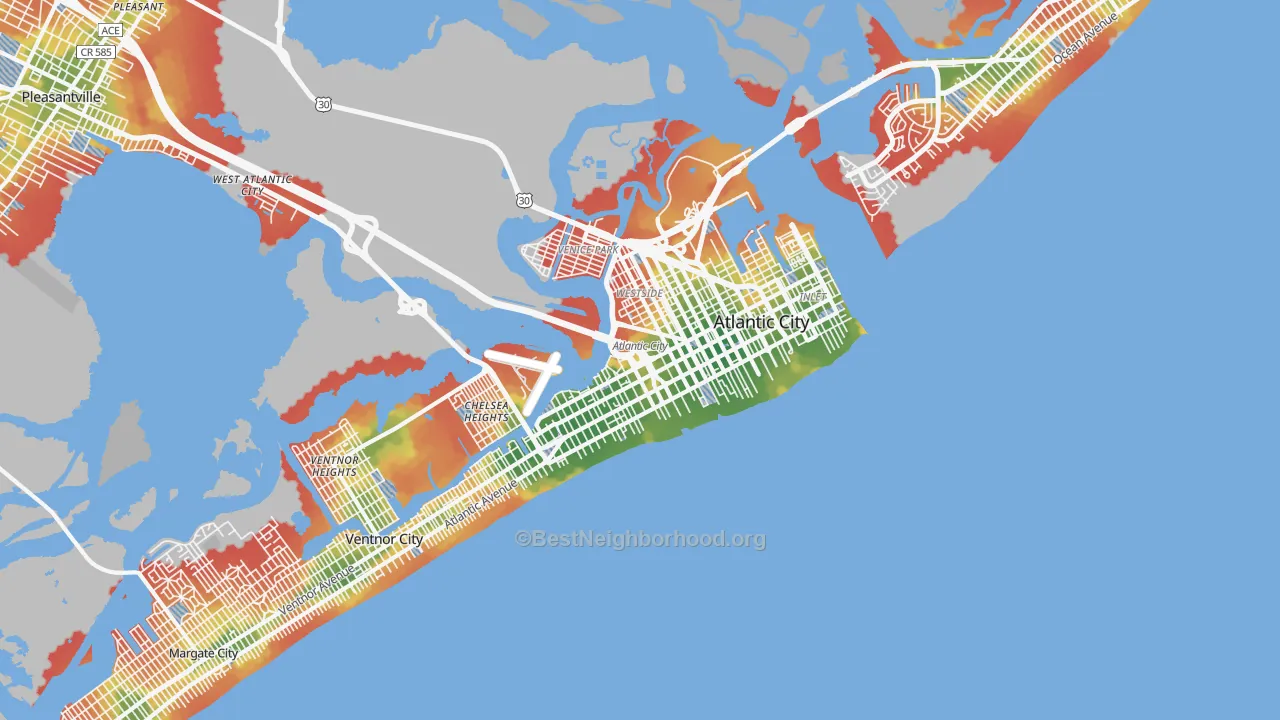 Walk Grade map of Atlantic City, NJ, walkable areas in green and car-dependent areas in red