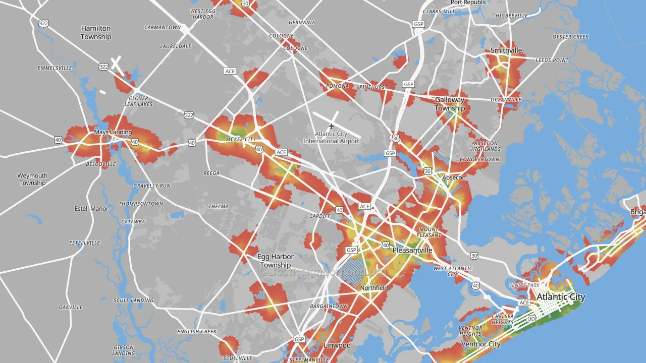 Walk Grade map of Atlantic County, NJ, walkable areas in green and car-dependent areas in red