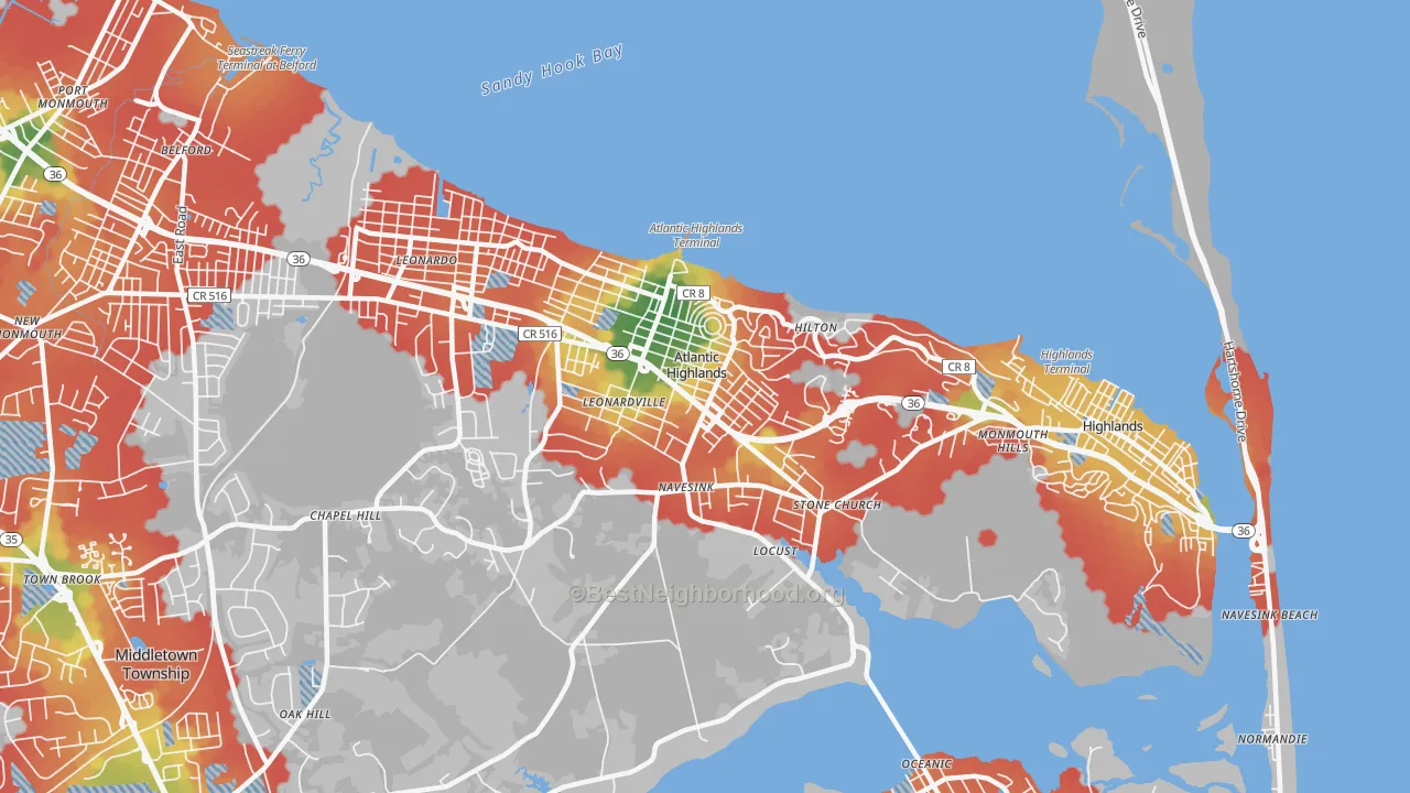 Walk Grade map of Atlantic Highlands, NJ, walkable areas in green and car-dependent areas in red