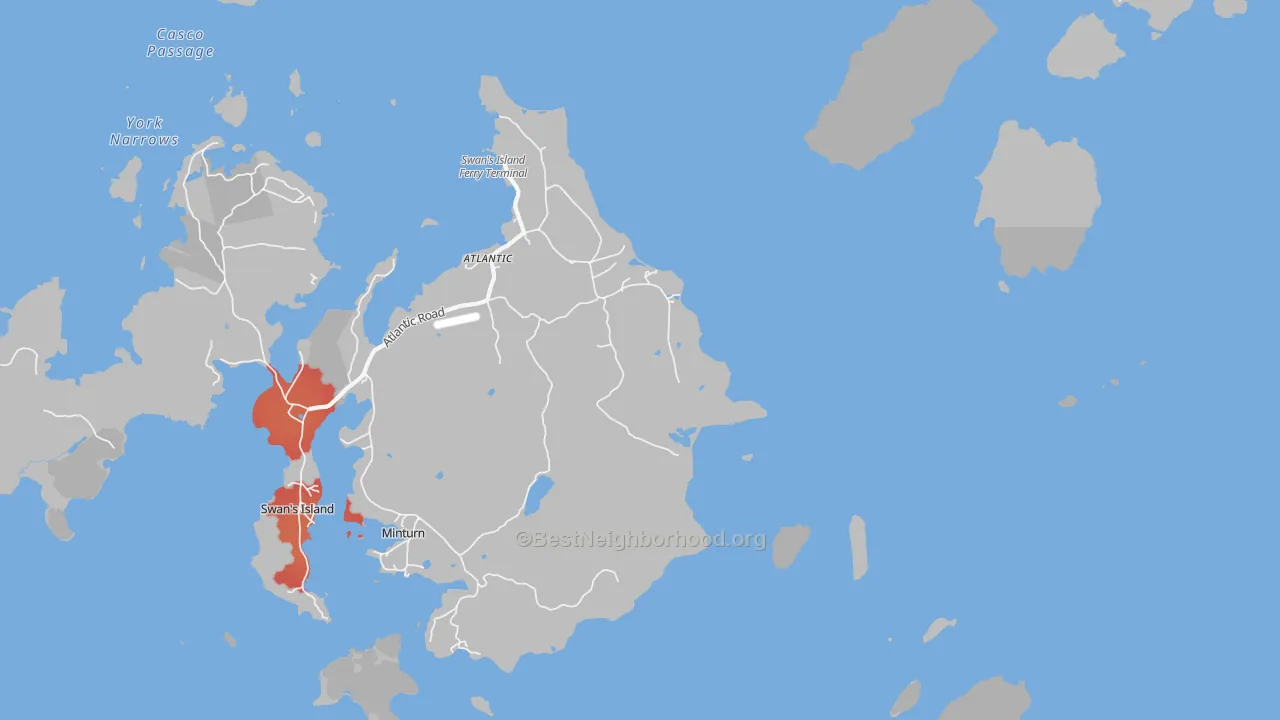 Walk Grade map of Atlantic, ME, walkable areas in green and car-dependent areas in red