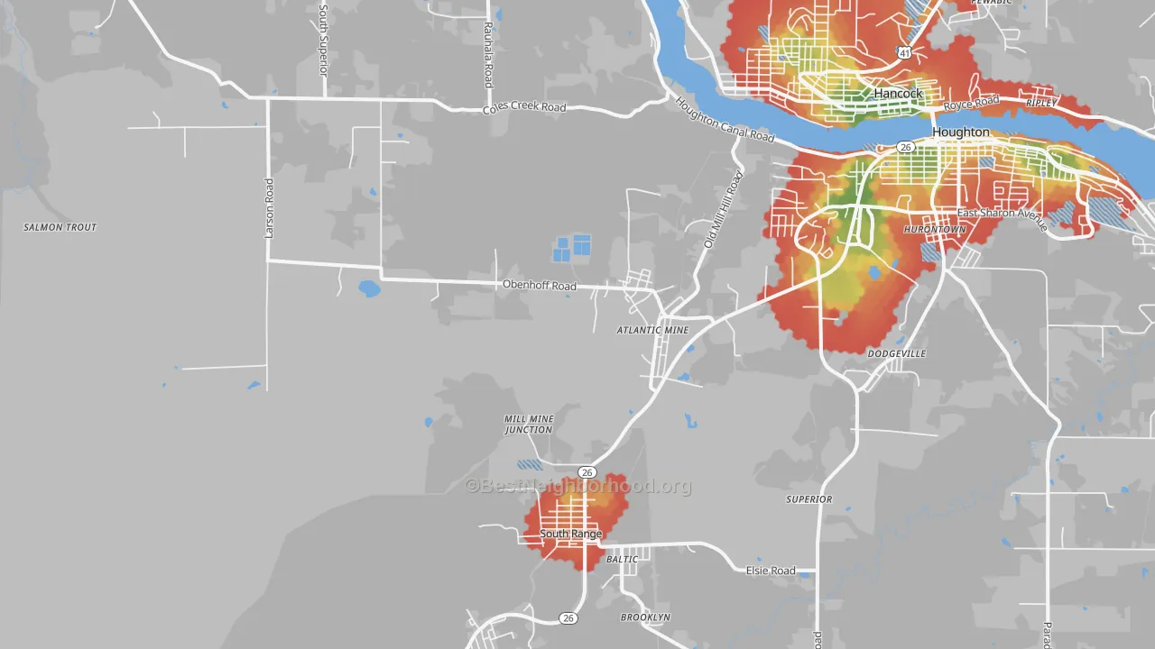 Walk Grade map of Atlantic Mine, MI, walkable areas in green and car-dependent areas in red