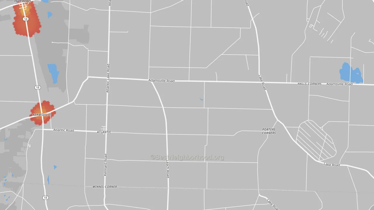 Walk Grade map of Atlantic, PA, walkable areas in green and car-dependent areas in red