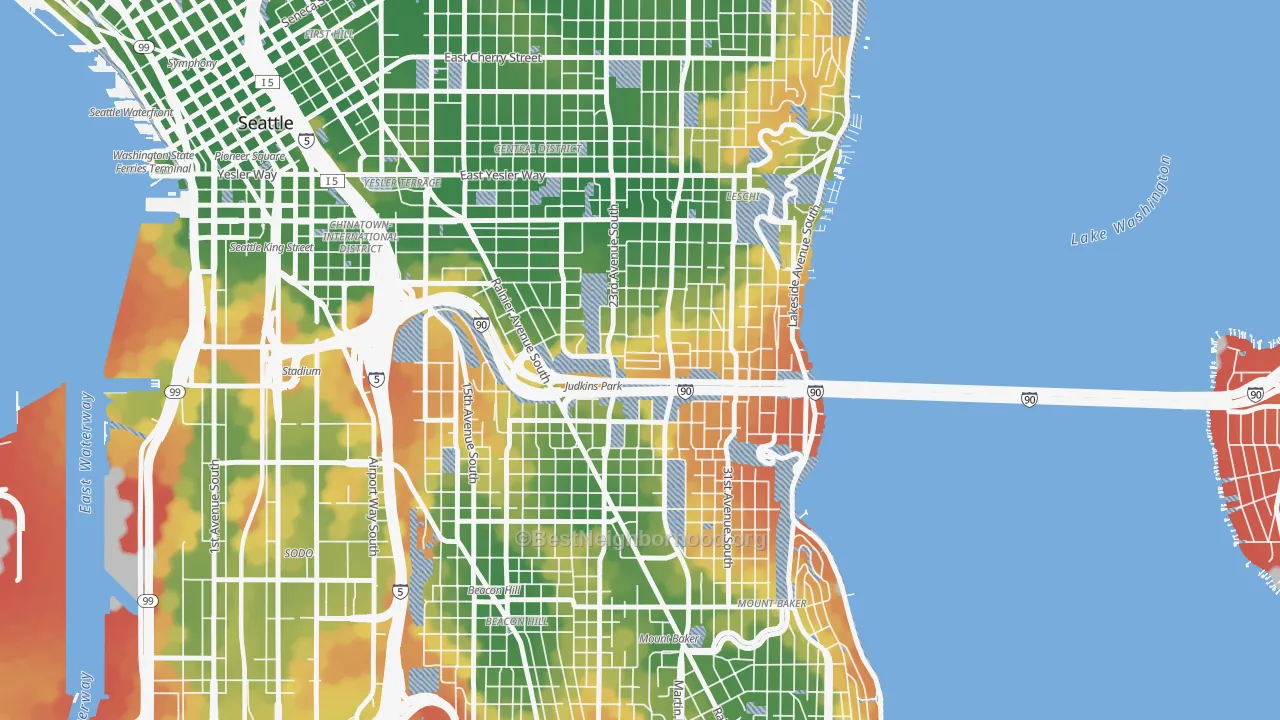 Walk Grade map of Atlantic, Seattle, WA, walkable areas in green and car-dependent areas in red