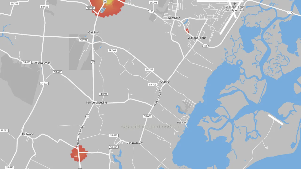 Walk Grade map of Atlantic, VA, walkable areas in green and car-dependent areas in red