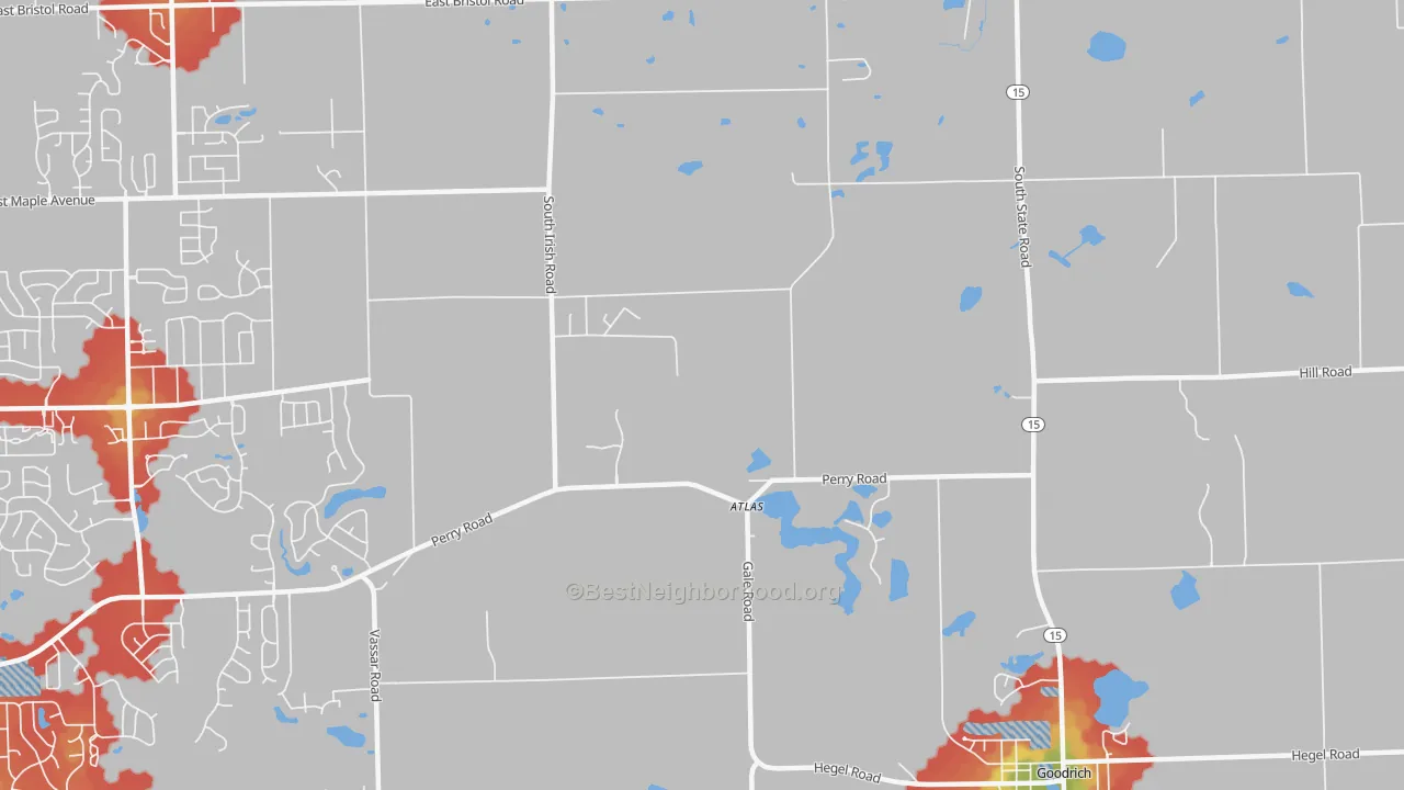 Walk Grade map of Atlas, MI, walkable areas in green and car-dependent areas in red