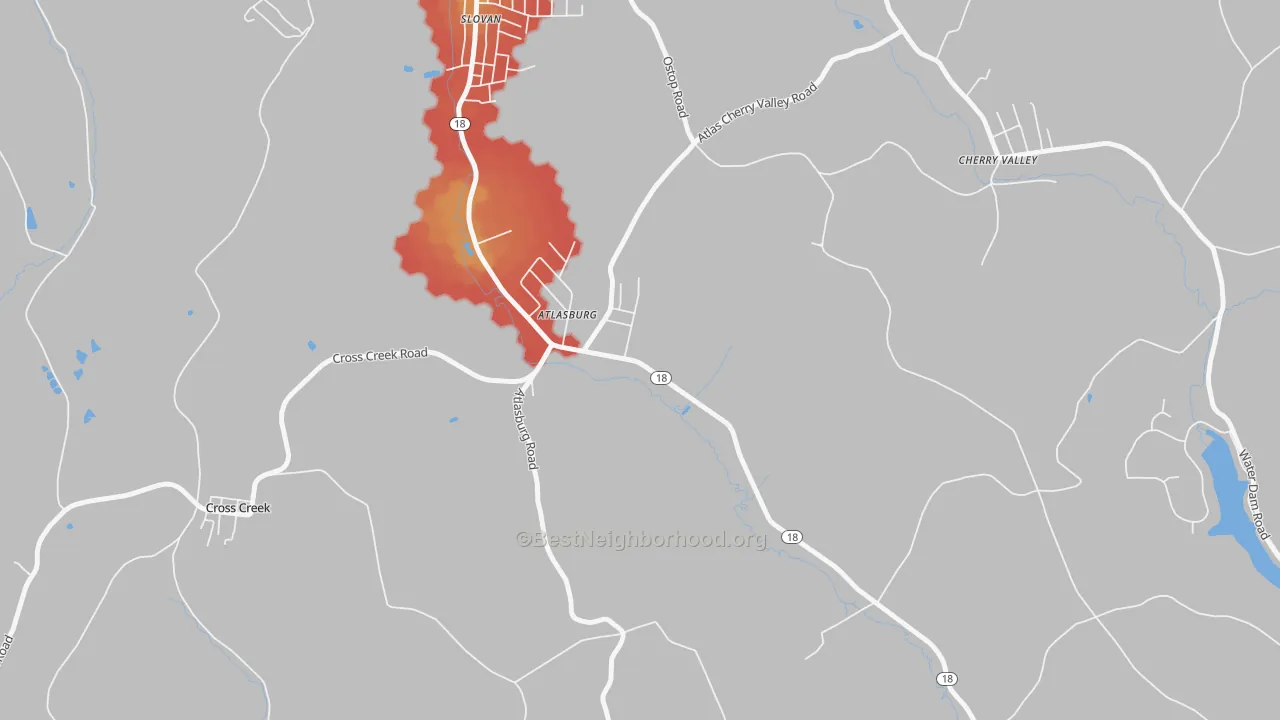 Walk Grade map of Atlasburg, PA, walkable areas in green and car-dependent areas in red