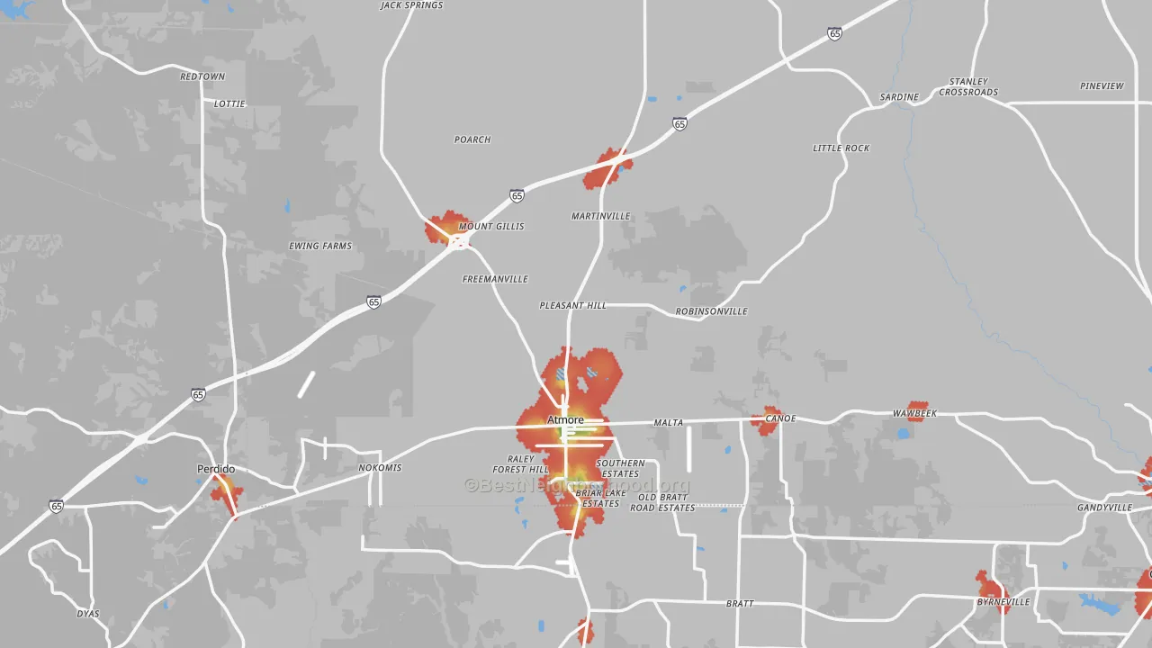 Walk Grade map of Atmore, AL, walkable areas in green and car-dependent areas in red