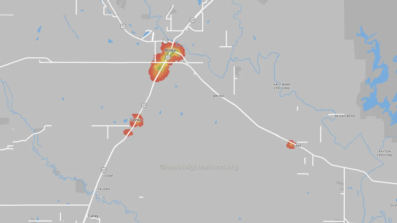 Walk Grade map of Atoka County, OK, walkable areas in green and car-dependent areas in red