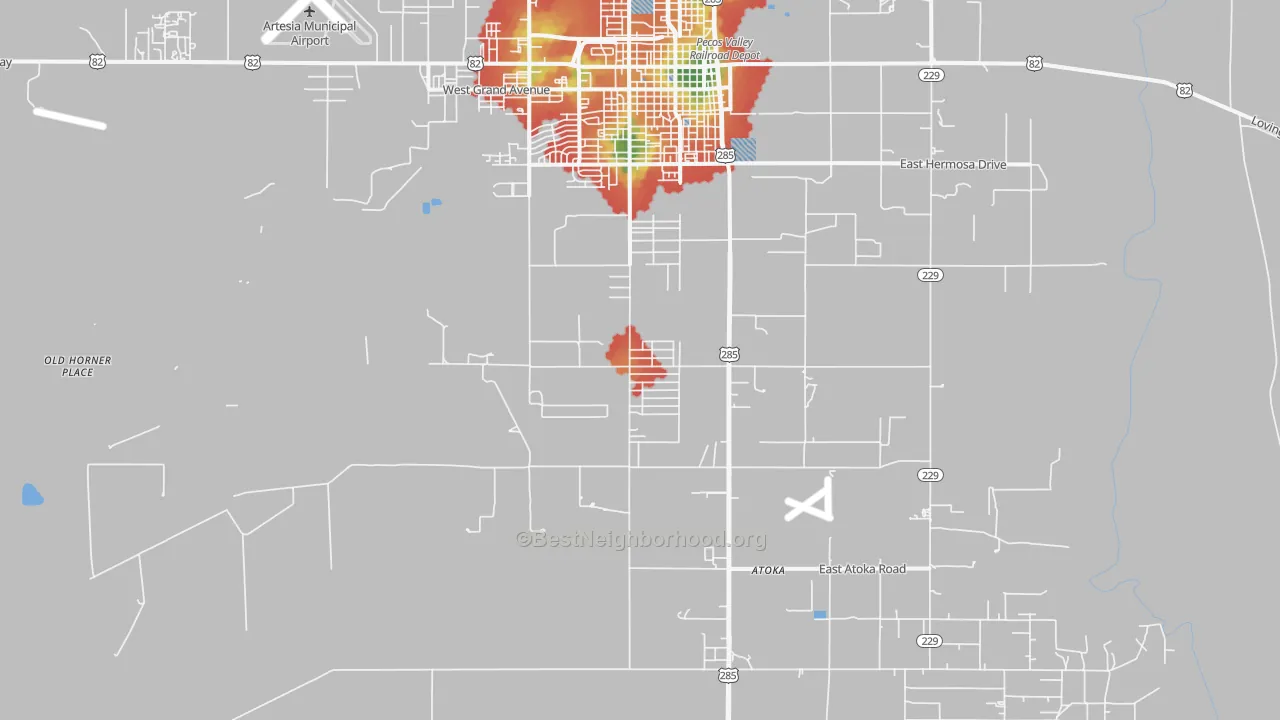 Walk Grade map of Atoka, NM, walkable areas in green and car-dependent areas in red