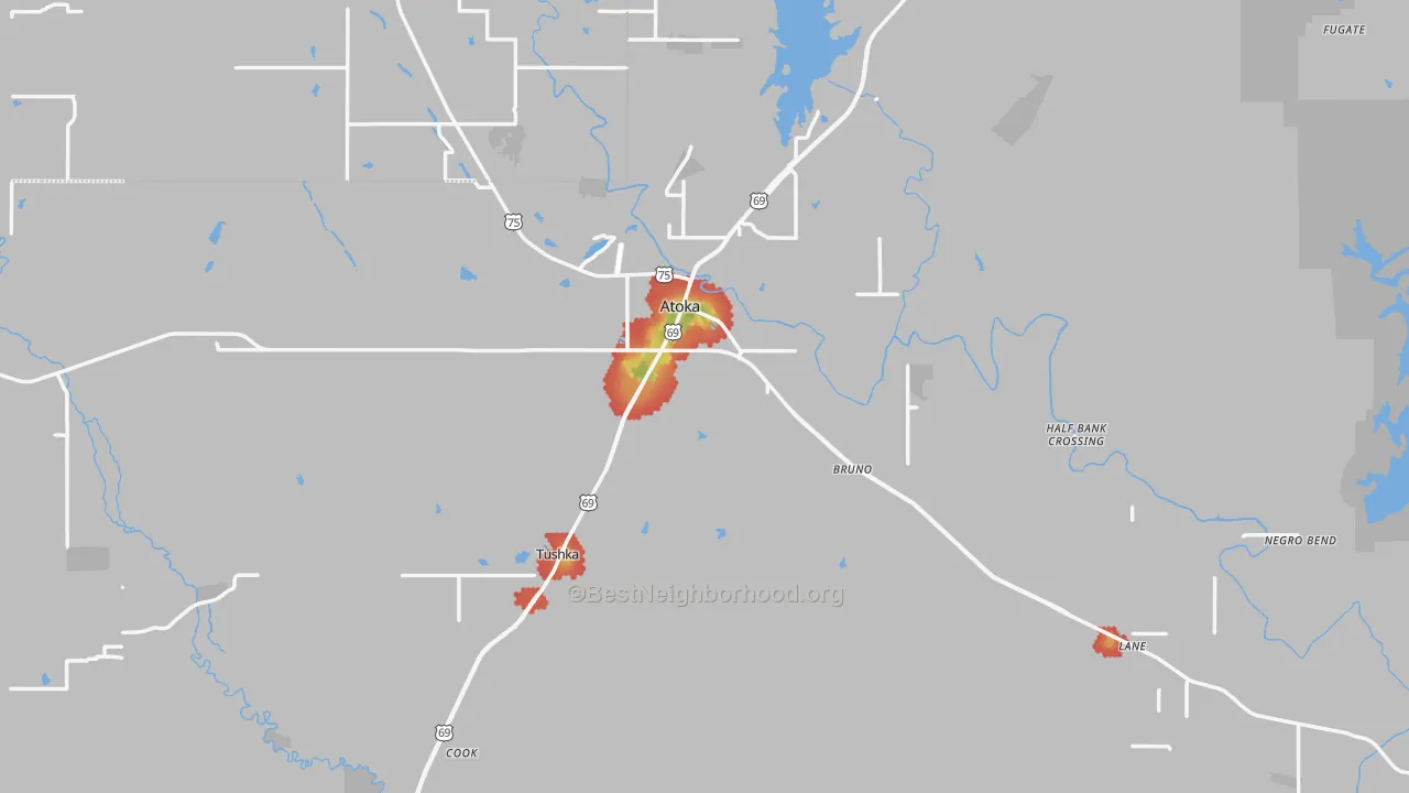 Walk Grade map of Atoka, OK, walkable areas in green and car-dependent areas in red