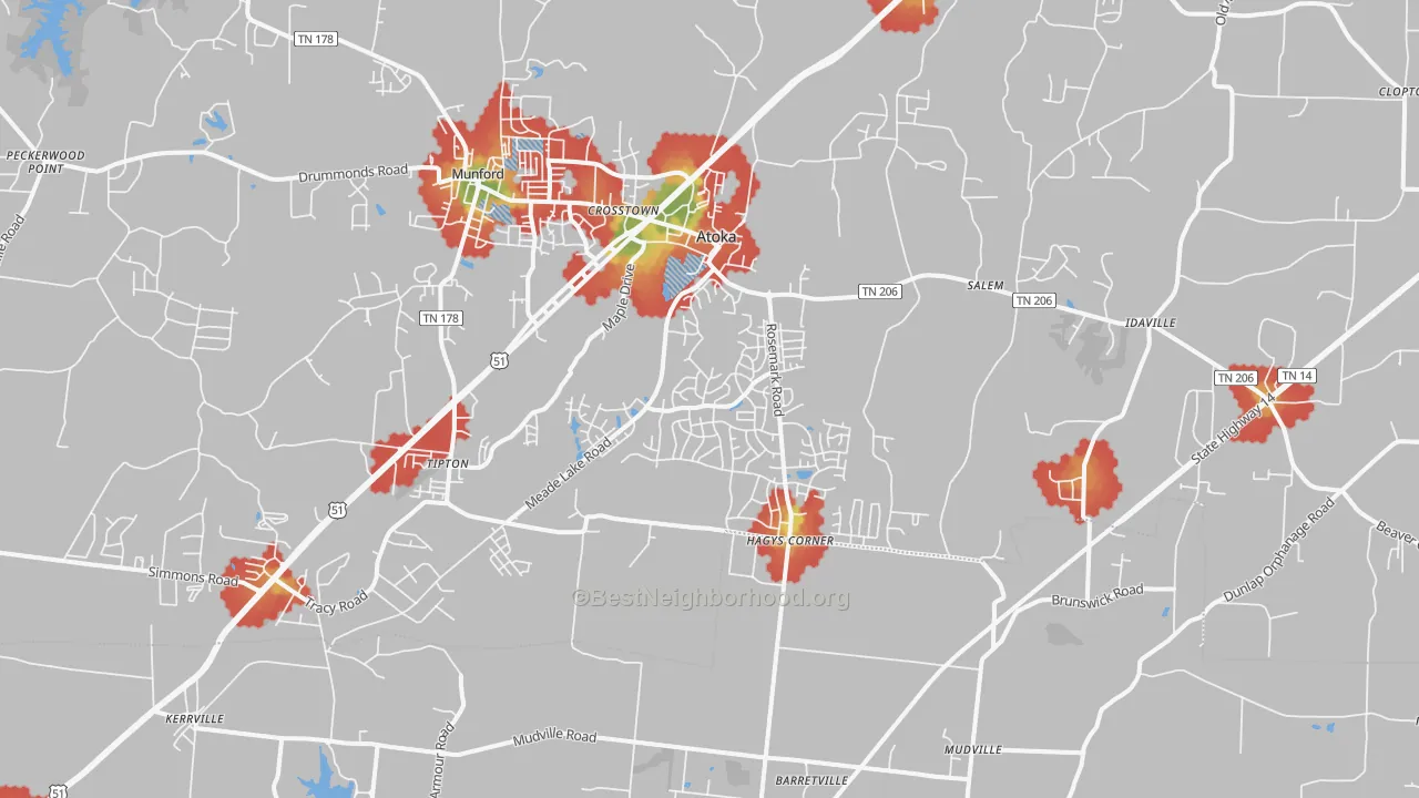 Walk Grade map of Atoka, TN, walkable areas in green and car-dependent areas in red